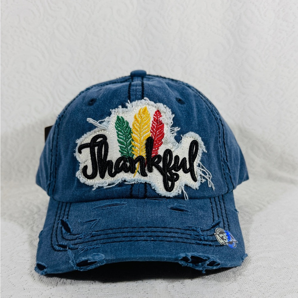 Blue Distressed Thankful Cap